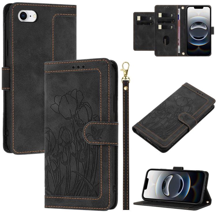 For iPhone 16e Tulips Embossed Leather Phone Case with Lanyard(Black) - iPhone 16e Cases by PMC TechLife | Online Shopping South Africa | PMC TechLife | Buy Now Pay Later Mobicred