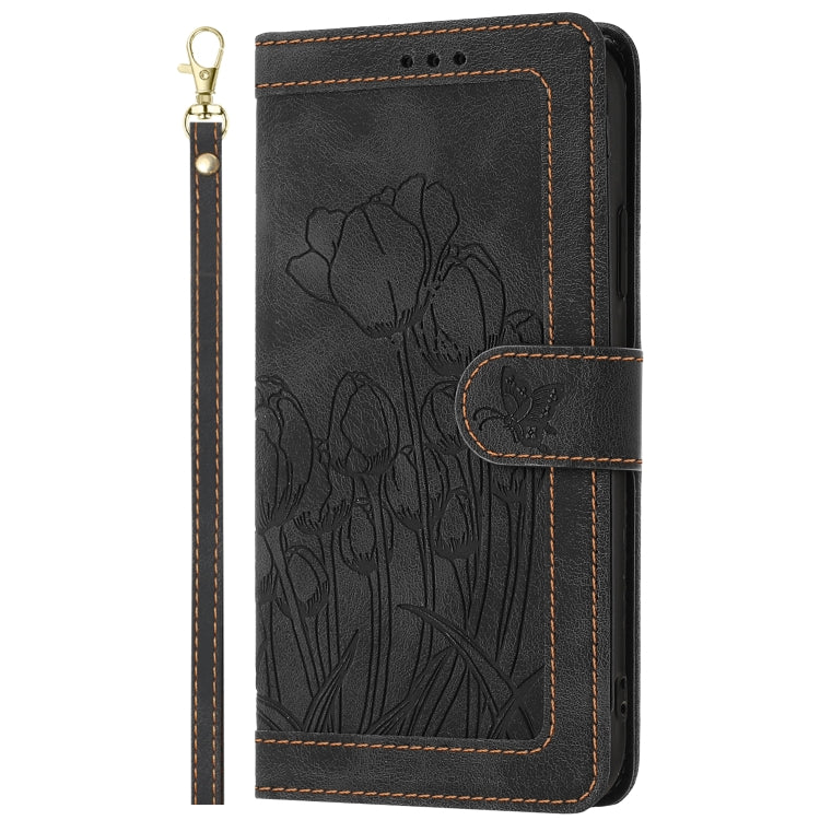 For iPhone 16e Tulips Embossed Leather Phone Case with Lanyard(Black) - iPhone 16e Cases by PMC TechLife | Online Shopping South Africa | PMC TechLife | Buy Now Pay Later Mobicred