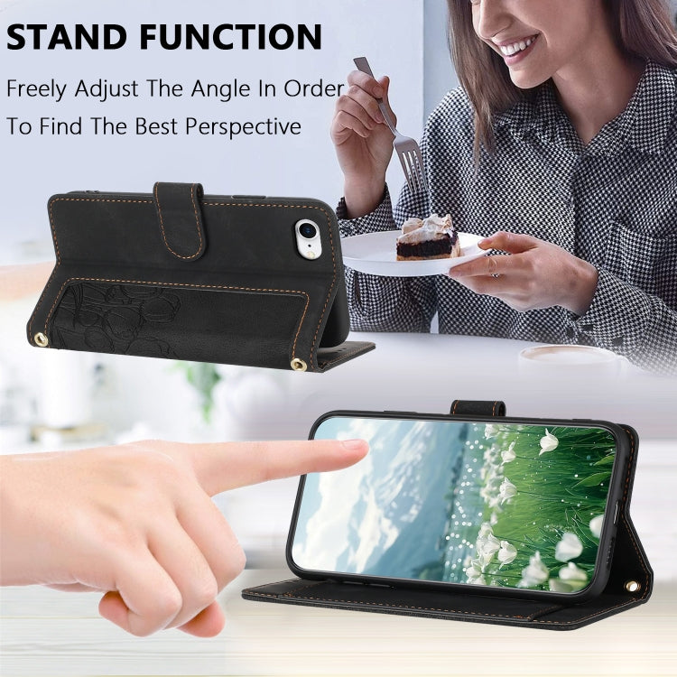 For iPhone 16e Tulips Embossed Leather Phone Case with Lanyard(Black) - iPhone 16e Cases by PMC TechLife | Online Shopping South Africa | PMC TechLife | Buy Now Pay Later Mobicred