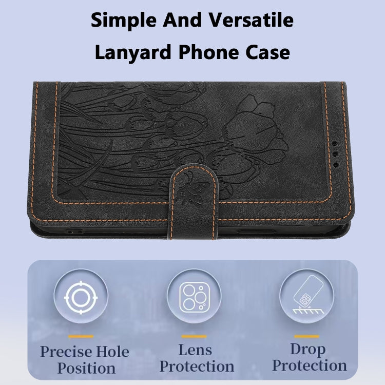 For iPhone 16e Tulips Embossed Leather Phone Case with Lanyard(Black) - iPhone 16e Cases by PMC TechLife | Online Shopping South Africa | PMC TechLife | Buy Now Pay Later Mobicred