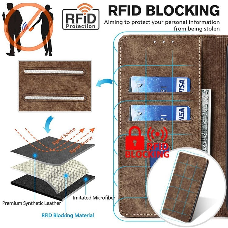 For Samsung Galaxy S25 Ultra 5G RFID Anti-theft Brush Magnetic Leather Phone Case(Brown) - Galaxy S25 Ultra 5G Cases by PMC TechLife | Online Shopping South Africa | PMC TechLife | Buy Now Pay Later Mobicred