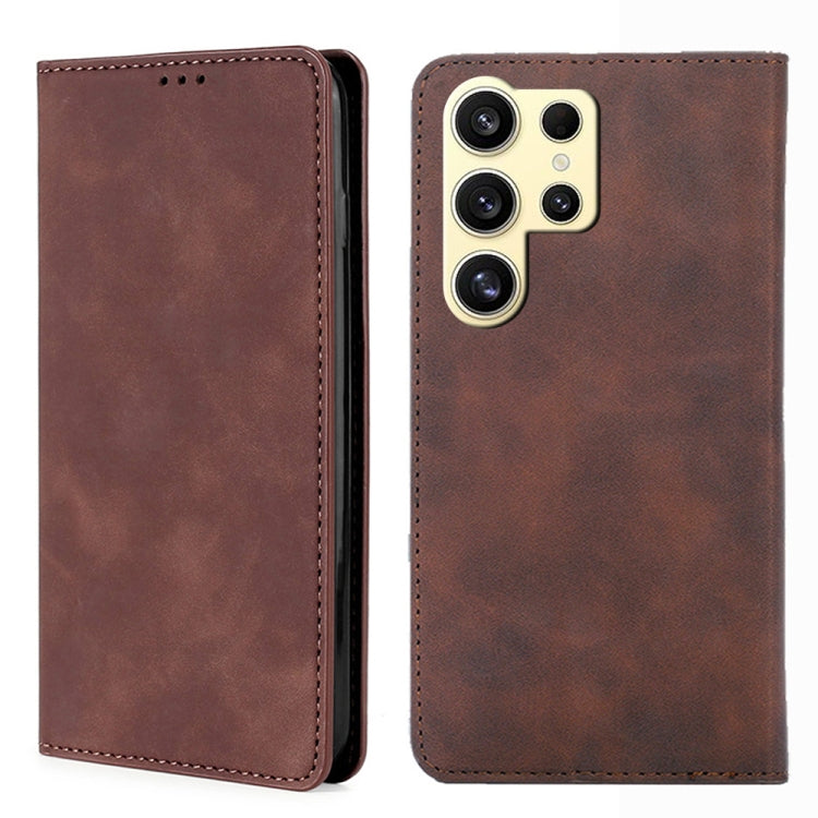 For Samsung Galaxy S25 Ultra 5G Skin Feel Magnetic Leather Phone Case(Dark Brown) - free shipping - PMC Jewellery - Order now!