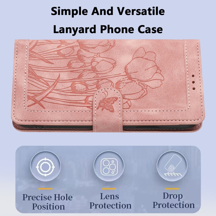 For Samsung Galaxy S25 Ultra 5G Tulips Embossed Leather Phone Case with Lanyard(Pink) - free shipping - PMC Jewellery - Order now!
