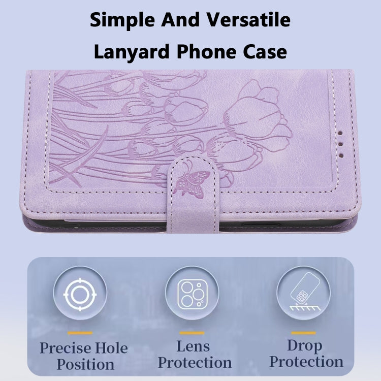 For Samsung Galaxy S25 Ultra 5G Tulips Embossed Leather Phone Case with Lanyard(Purple) - Galaxy S25 Ultra 5G Cases by PMC Jewellery | Online Shopping South Africa | PMC Jewellery | Buy Now Pay Later Mobicred