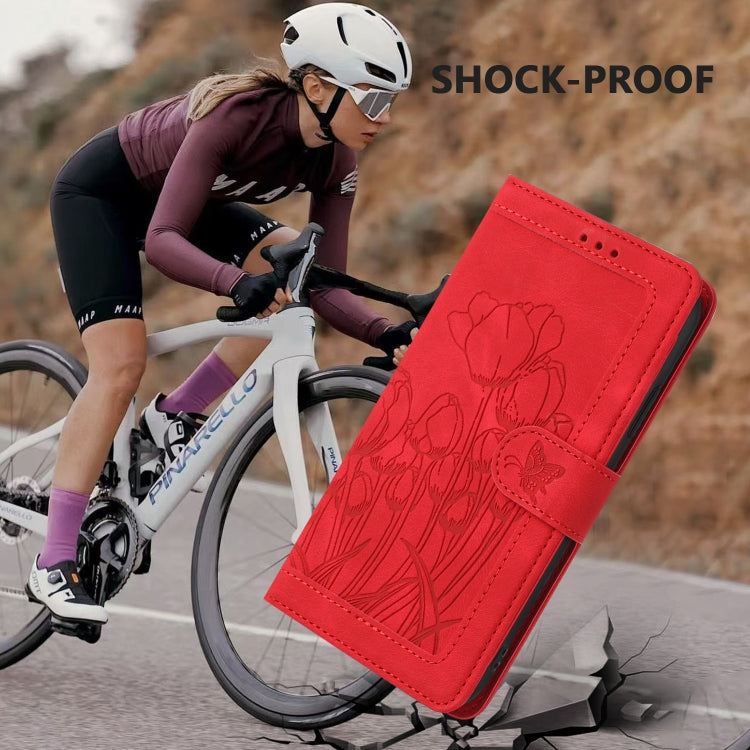 For Samsung Galaxy S25 Ultra 5G Tulips Embossed Leather Phone Case with Lanyard(Red) - Galaxy S25 Ultra 5G Cases by PMC Jewellery | Online Shopping South Africa | PMC Jewellery | Buy Now Pay Later Mobicred