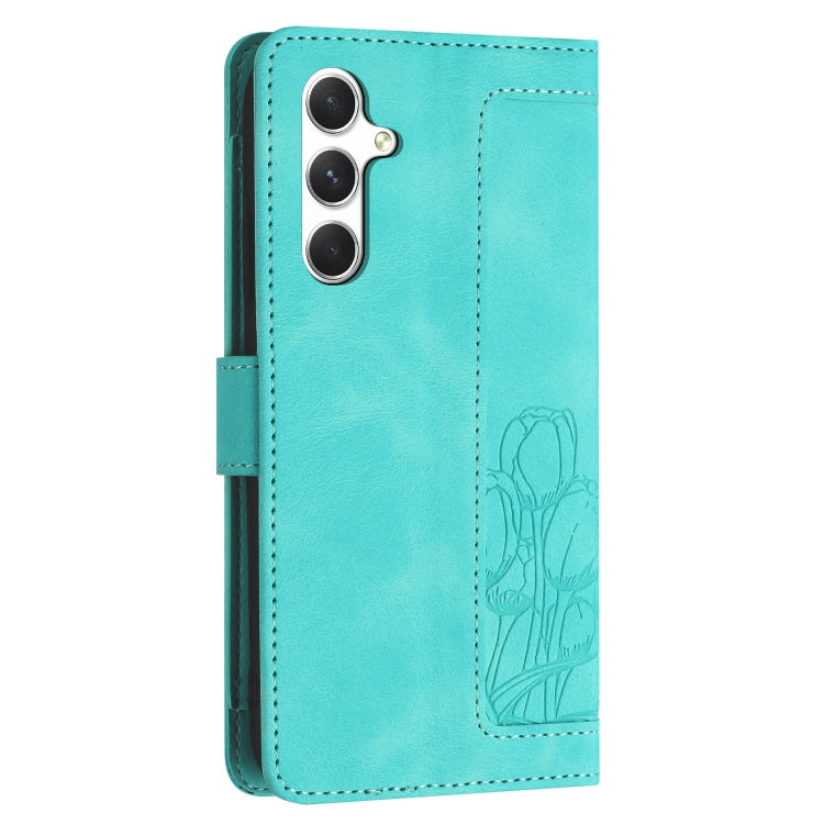 For Samsung Galaxy S25+ 5G Tulips Embossed Leather Phone Case with Lanyard(Green) - Galaxy S25+ 5G Cases by PMC Jewellery | Online Shopping South Africa | PMC Jewellery | Buy Now Pay Later Mobicred