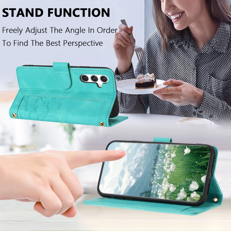 For Samsung Galaxy S25+ 5G Tulips Embossed Leather Phone Case with Lanyard(Green) - Galaxy S25+ 5G Cases by PMC Jewellery | Online Shopping South Africa | PMC Jewellery | Buy Now Pay Later Mobicred