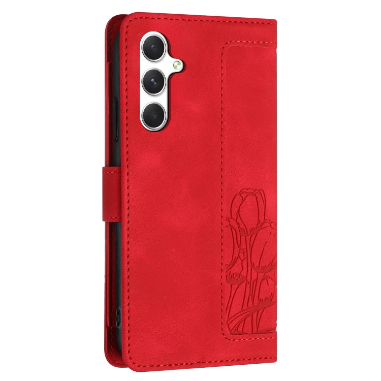 For Samsung Galaxy S25+ 5G Tulips Embossed Leather Phone Case with Lanyard(Red) - Galaxy S25+ 5G Cases by PMC Jewellery | Online Shopping South Africa | PMC Jewellery | Buy Now Pay Later Mobicred