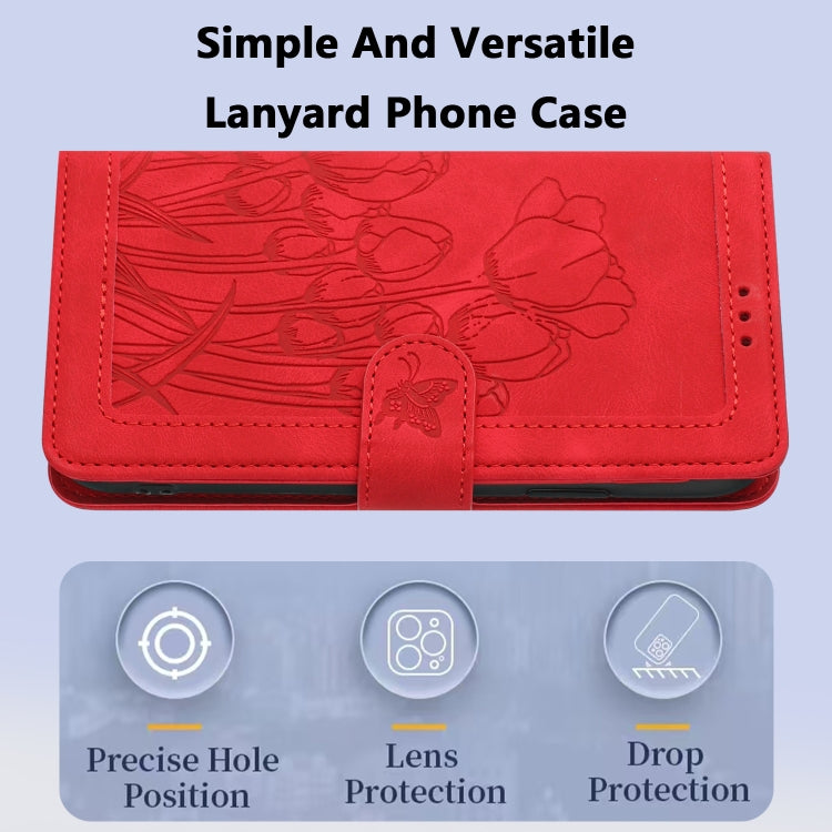 For Samsung Galaxy S25+ 5G Tulips Embossed Leather Phone Case with Lanyard(Red) - Galaxy S25+ 5G Cases by PMC Jewellery | Online Shopping South Africa | PMC Jewellery | Buy Now Pay Later Mobicred
