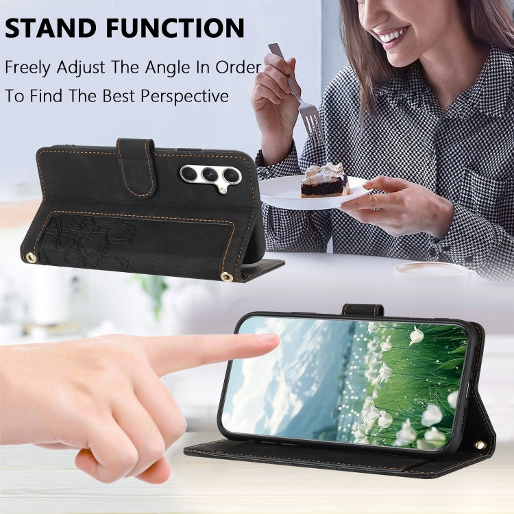 For Samsung Galaxy S25+ 5G Tulips Embossed Leather Phone Case with Lanyard(Black) - Galaxy S25+ 5G Cases by PMC Jewellery | Online Shopping South Africa | PMC Jewellery | Buy Now Pay Later Mobicred