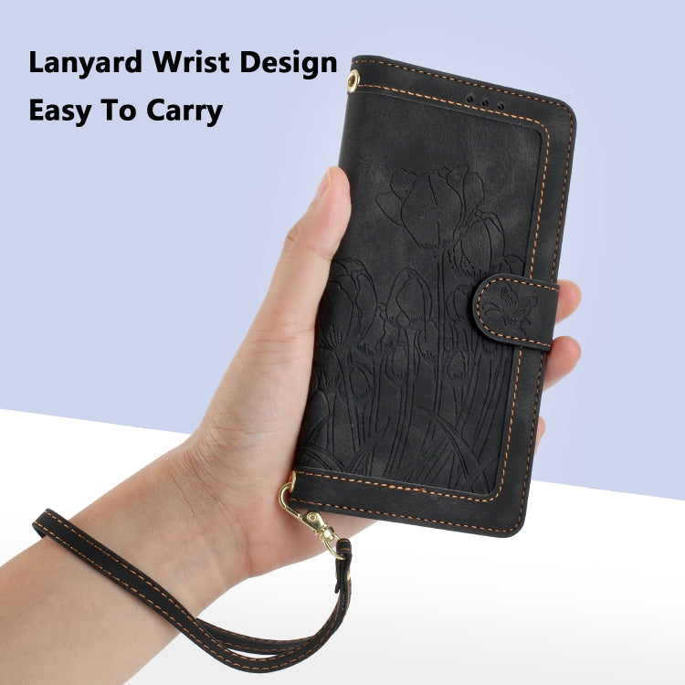 For Samsung Galaxy S25+ 5G Tulips Embossed Leather Phone Case with Lanyard(Black) - Galaxy S25+ 5G Cases by PMC Jewellery | Online Shopping South Africa | PMC Jewellery | Buy Now Pay Later Mobicred