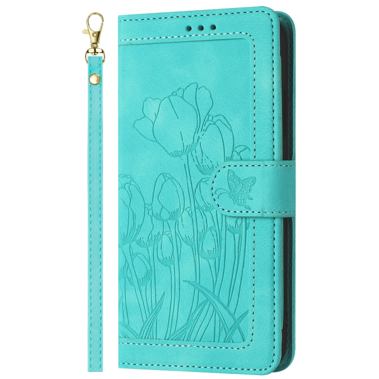 For Samsung Galaxy S25 5G Tulips Embossed Leather Phone Case with Lanyard(Green) - Galaxy S25 5G Cases by PMC Jewellery | Online Shopping South Africa | PMC Jewellery | Buy Now Pay Later Mobicred