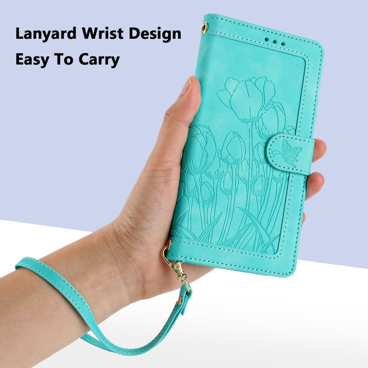 For Samsung Galaxy S25 5G Tulips Embossed Leather Phone Case with Lanyard(Green) - Galaxy S25 5G Cases by PMC Jewellery | Online Shopping South Africa | PMC Jewellery | Buy Now Pay Later Mobicred