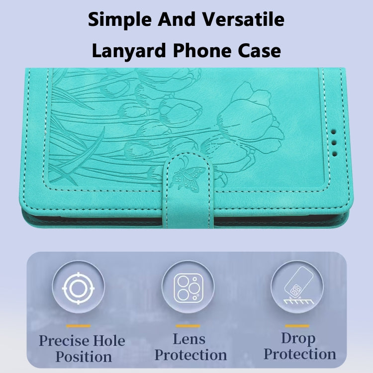 For Samsung Galaxy S25 5G Tulips Embossed Leather Phone Case with Lanyard(Green) - Galaxy S25 5G Cases by PMC Jewellery | Online Shopping South Africa | PMC Jewellery | Buy Now Pay Later Mobicred