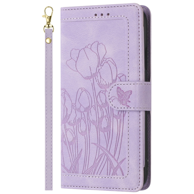 For Samsung Galaxy S25 5G Tulips Embossed Leather Phone Case with Lanyard(Purple) - Galaxy S25 5G Cases by PMC Jewellery | Online Shopping South Africa | PMC Jewellery | Buy Now Pay Later Mobicred