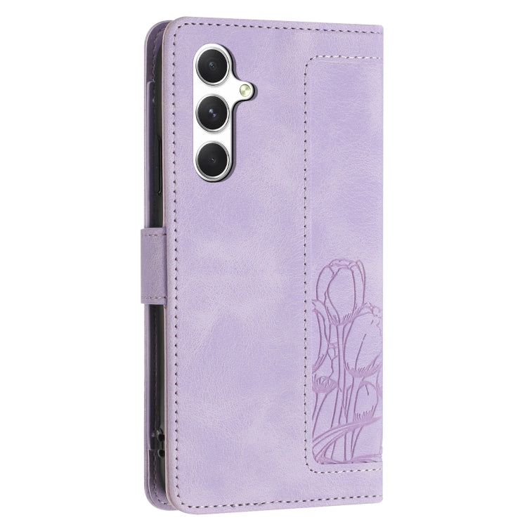 For Samsung Galaxy S25 5G Tulips Embossed Leather Phone Case with Lanyard(Purple) - Galaxy S25 5G Cases by PMC Jewellery | Online Shopping South Africa | PMC Jewellery | Buy Now Pay Later Mobicred