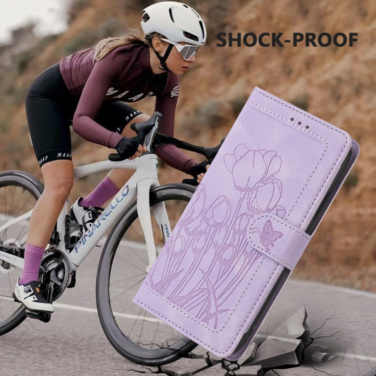 For Samsung Galaxy S25 5G Tulips Embossed Leather Phone Case with Lanyard(Purple) - Galaxy S25 5G Cases by PMC Jewellery | Online Shopping South Africa | PMC Jewellery | Buy Now Pay Later Mobicred