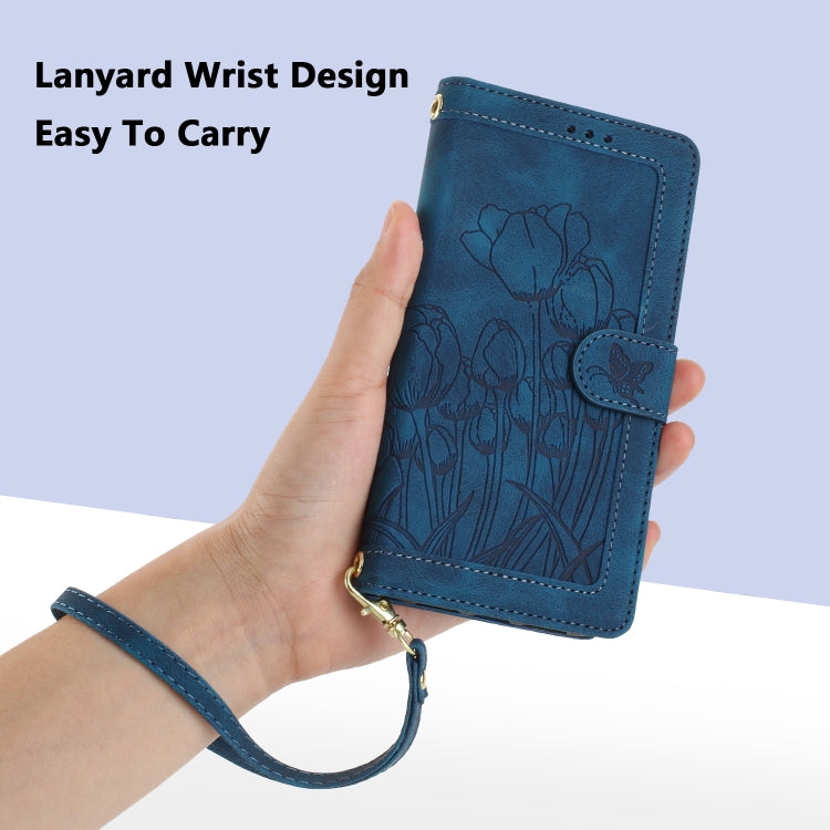 For Samsung Galaxy S25 5G Tulips Embossed Leather Phone Case with Lanyard(Blue) - Galaxy S25 5G Cases by PMC Jewellery | Online Shopping South Africa | PMC Jewellery | Buy Now Pay Later Mobicred