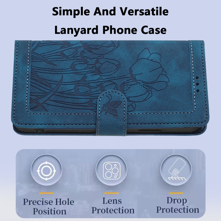 For Samsung Galaxy S25 5G Tulips Embossed Leather Phone Case with Lanyard(Blue) - Galaxy S25 5G Cases by PMC Jewellery | Online Shopping South Africa | PMC Jewellery | Buy Now Pay Later Mobicred