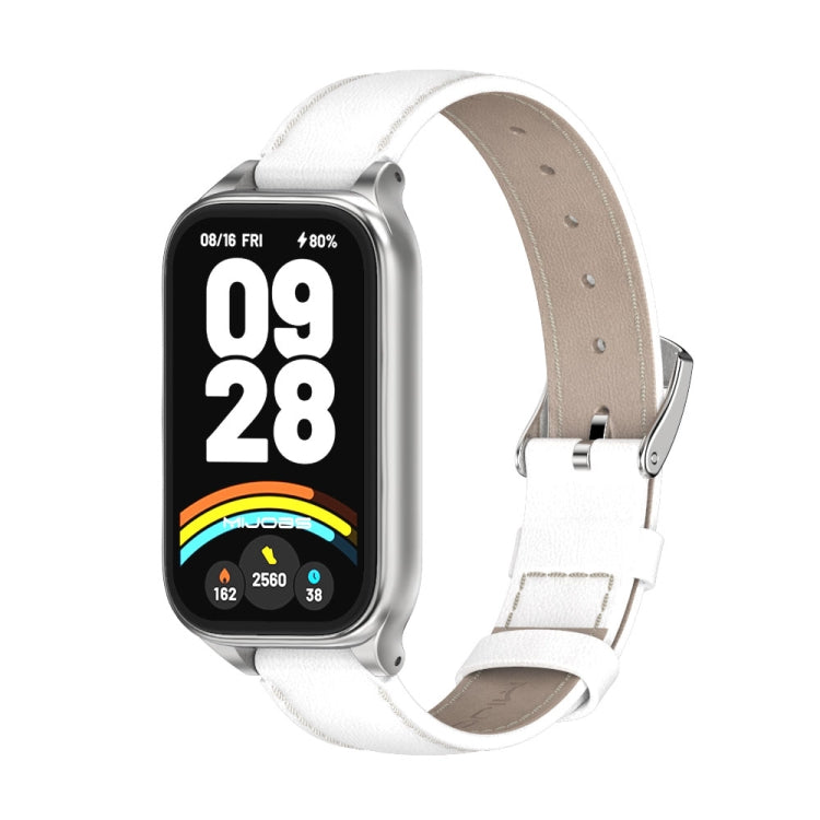 For Xiaomi Smart Band 9 Active / Redmi Band 3 Mijobs Metal Shell Genuine Leather Watch Band(White Silver) - Watch Bands by MIJOBS | Online Shopping South Africa | PMc TechLife | Buy Now Pay Later Mobicred