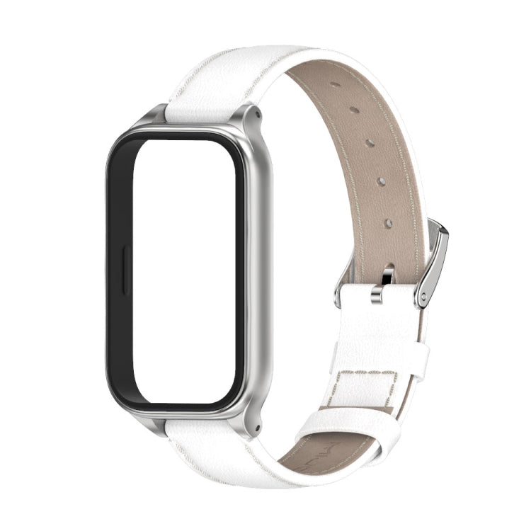 For Xiaomi Smart Band 9 Active / Redmi Band 3 Mijobs Metal Shell Genuine Leather Watch Band(White Silver) - Watch Bands by MIJOBS | Online Shopping South Africa | PMc TechLife | Buy Now Pay Later Mobicred