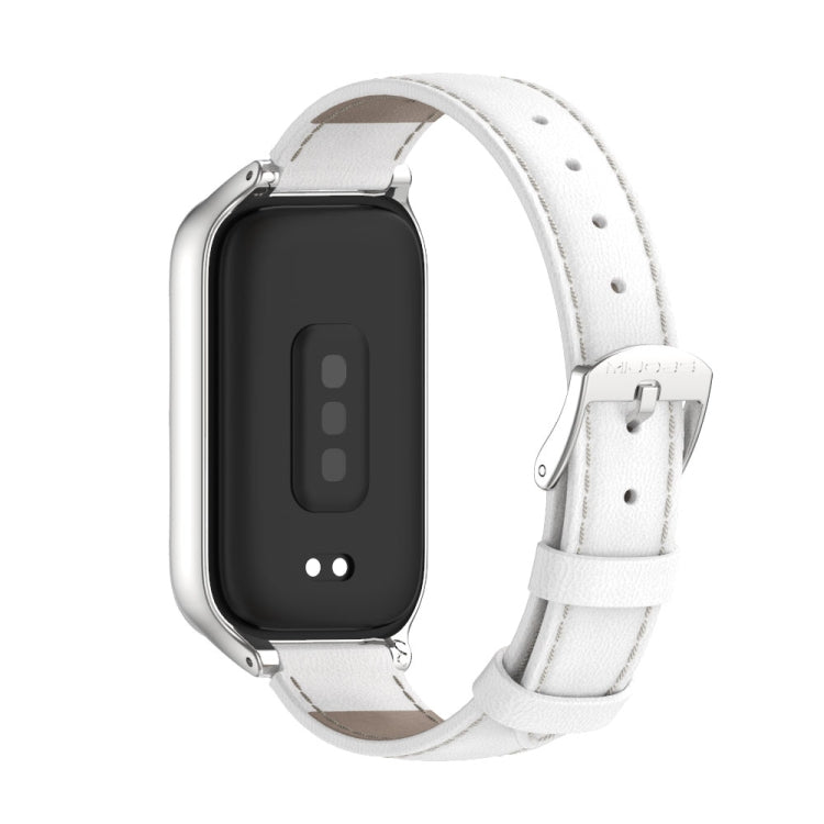 For Xiaomi Smart Band 9 Active / Redmi Band 3 Mijobs Metal Shell Genuine Leather Watch Band(White Silver) - Watch Bands by MIJOBS | Online Shopping South Africa | PMc TechLife | Buy Now Pay Later Mobicred