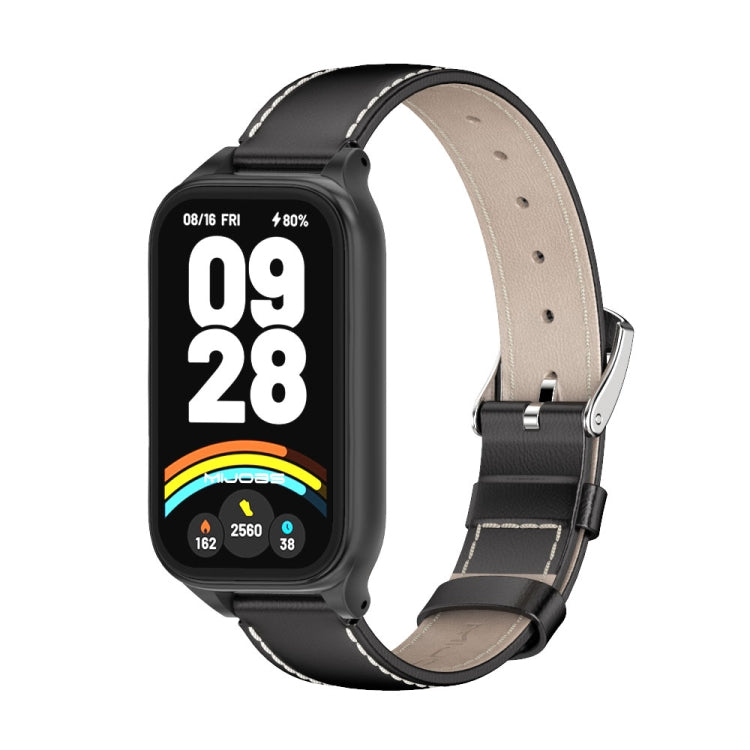 For Xiaomi Smart Band 9 Active / Redmi Band 3 Mijobs Metal Shell Genuine Leather Watch Band(Black) - Watch Bands by MIJOBS | Online Shopping South Africa | PMc TechLife | Buy Now Pay Later Mobicred