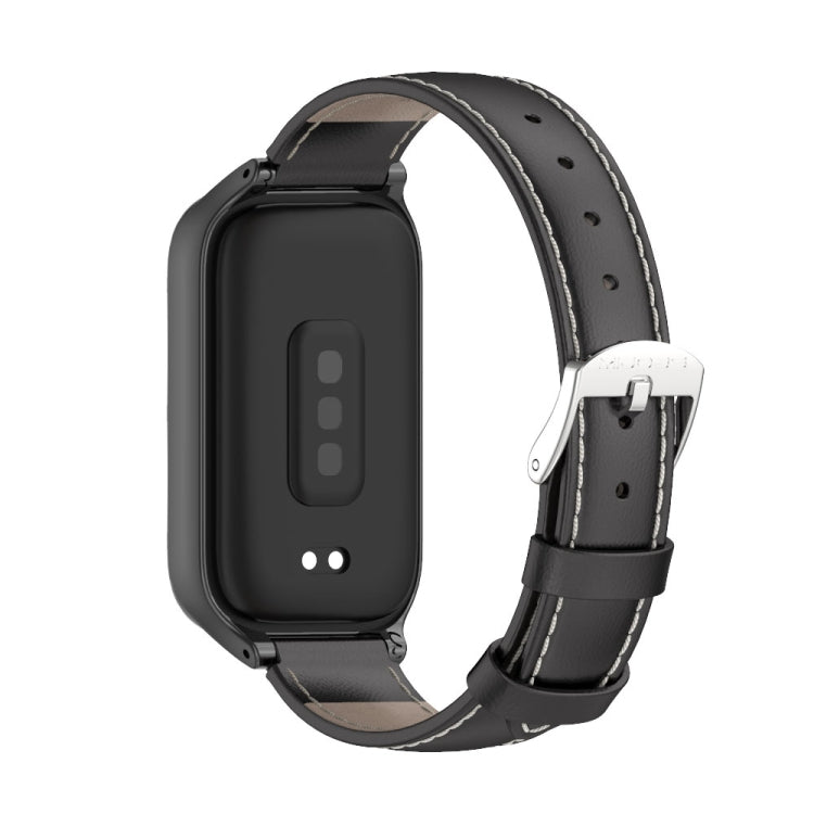 For Xiaomi Smart Band 9 Active / Redmi Band 3 Mijobs Metal Shell Genuine Leather Watch Band(Black) - Watch Bands by MIJOBS | Online Shopping South Africa | PMc TechLife | Buy Now Pay Later Mobicred