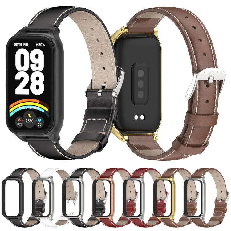 For Xiaomi Smart Band 9 Active / Redmi Band 3 Mijobs Metal Shell Genuine Leather Watch Band(Brown Silver) - free shipping - PMc TechLife - Order now!