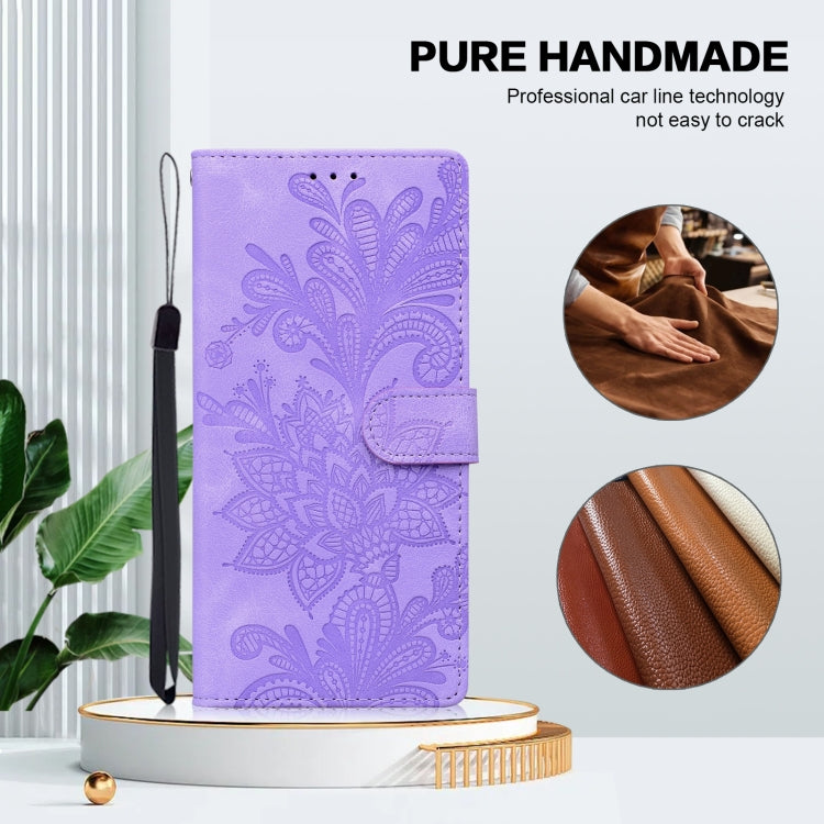For Samsung Galaxy S25 Ultra 5G Lace Floral Embossed Magnetic Buckle PU Phone Case With Wrist Strap(Purple) - Galaxy S25 Ultra 5G Cases by PMC Jewellery | Online Shopping South Africa | PMC Jewellery | Buy Now Pay Later Mobicred