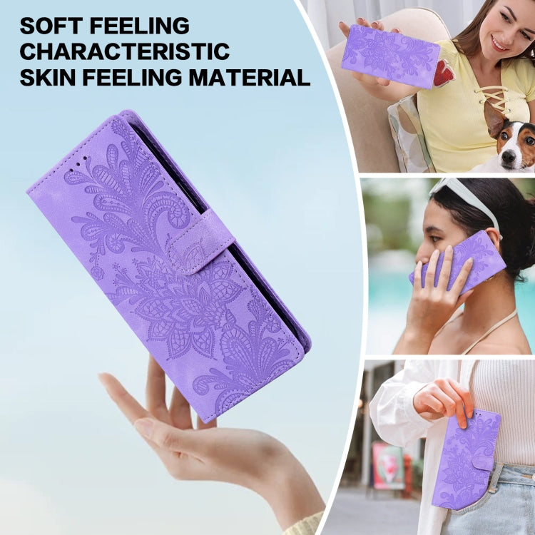 For Samsung Galaxy S25 Ultra 5G Lace Floral Embossed Magnetic Buckle PU Phone Case With Wrist Strap(Purple) - Galaxy S25 Ultra 5G Cases by PMC Jewellery | Online Shopping South Africa | PMC Jewellery | Buy Now Pay Later Mobicred