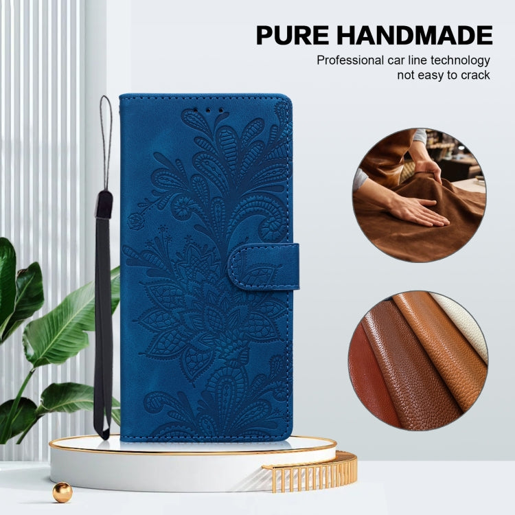 For Samsung Galaxy S25+ 5G Lace Floral Embossed Magnetic Buckle PU Phone Case With Wrist Strap(Blue) - Galaxy S25+ 5G Cases by PMC Jewellery | Online Shopping South Africa | PMC Jewellery | Buy Now Pay Later Mobicred