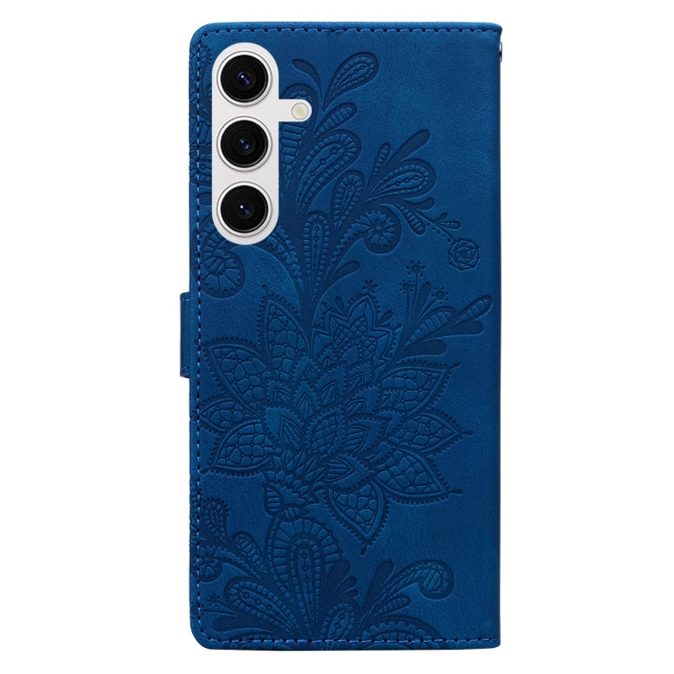 For Samsung Galaxy S25+ 5G Lace Floral Embossed Magnetic Buckle PU Phone Case With Wrist Strap(Blue) - Galaxy S25+ 5G Cases by PMC Jewellery | Online Shopping South Africa | PMC Jewellery | Buy Now Pay Later Mobicred