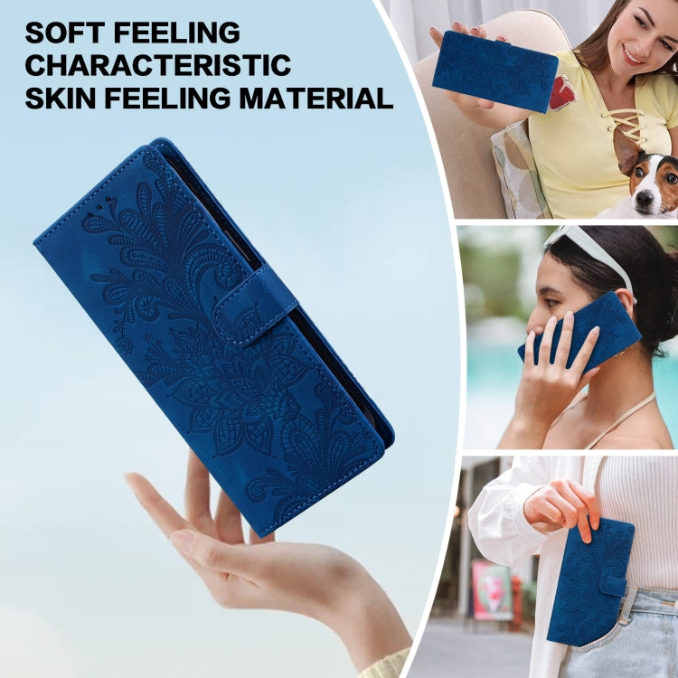 For Samsung Galaxy S25+ 5G Lace Floral Embossed Magnetic Buckle PU Phone Case With Wrist Strap(Blue) - Galaxy S25+ 5G Cases by PMC Jewellery | Online Shopping South Africa | PMC Jewellery | Buy Now Pay Later Mobicred