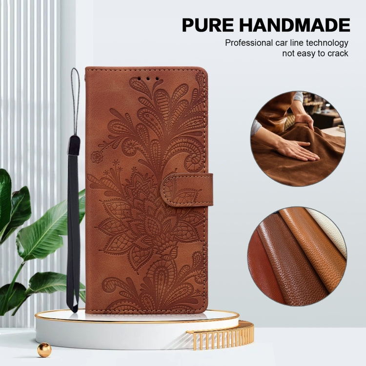 For Samsung Galaxy S25+ 5G Lace Floral Embossed Magnetic Buckle PU Phone Case With Wrist Strap(Brown) - Galaxy S25+ 5G Cases by PMC Jewellery | Online Shopping South Africa | PMC Jewellery | Buy Now Pay Later Mobicred