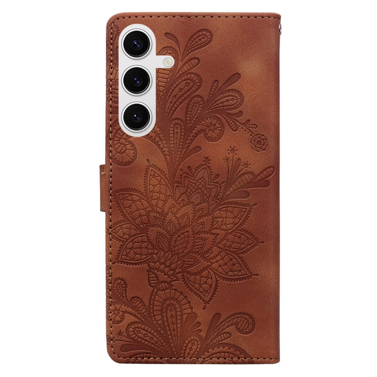 For Samsung Galaxy S25+ 5G Lace Floral Embossed Magnetic Buckle PU Phone Case With Wrist Strap(Brown) - Galaxy S25+ 5G Cases by PMC Jewellery | Online Shopping South Africa | PMC Jewellery | Buy Now Pay Later Mobicred