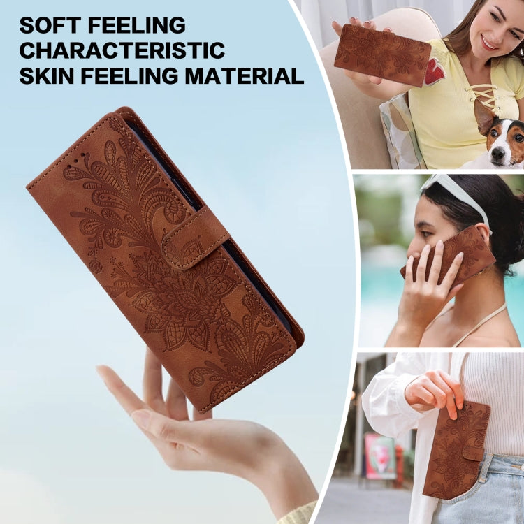 For Samsung Galaxy S25+ 5G Lace Floral Embossed Magnetic Buckle PU Phone Case With Wrist Strap(Brown) - Galaxy S25+ 5G Cases by PMC Jewellery | Online Shopping South Africa | PMC Jewellery | Buy Now Pay Later Mobicred