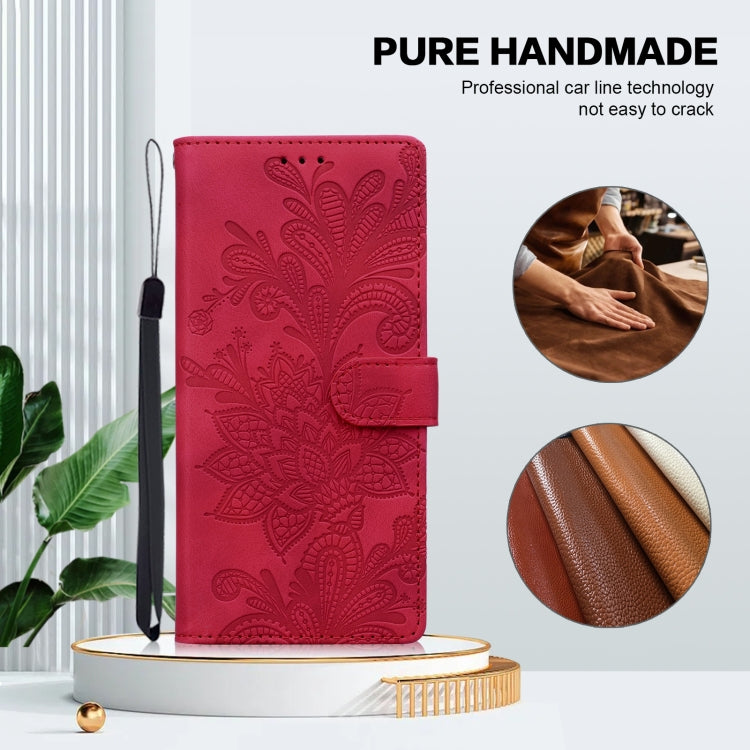 For Samsung Galaxy S25 5G Lace Floral Embossed Magnetic Buckle PU Phone Case With Wrist Strap(Red) - Galaxy S25 5G Cases by PMC Jewellery | Online Shopping South Africa | PMC Jewellery | Buy Now Pay Later Mobicred