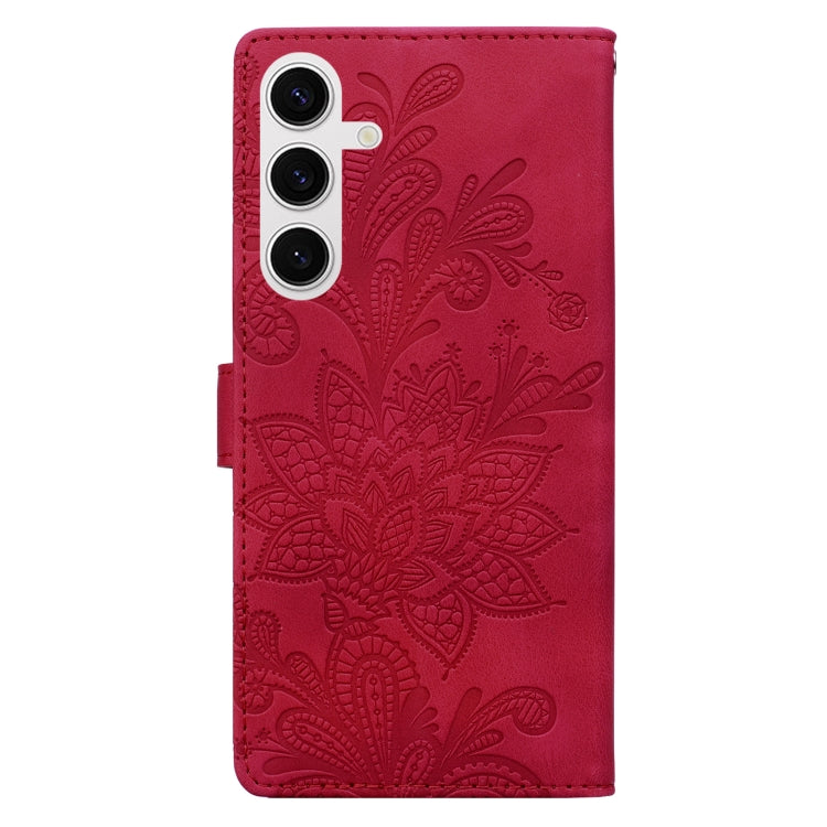 For Samsung Galaxy S25 5G Lace Floral Embossed Magnetic Buckle PU Phone Case With Wrist Strap(Red) - Galaxy S25 5G Cases by PMC Jewellery | Online Shopping South Africa | PMC Jewellery | Buy Now Pay Later Mobicred