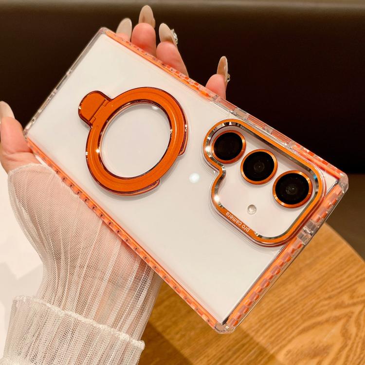 For Samsung Galaxy S25+ 5G Transparent MagSafe Holder Phone Case with Lens Film(Orange) - Galaxy S25+ 5G Cases by PMC Jewellery | Online Shopping South Africa | PMC Jewellery | Buy Now Pay Later Mobicred