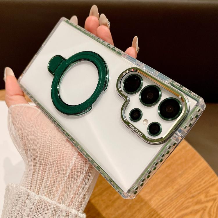 For Samsung Galaxy S25 Ultra 5G Transparent MagSafe Holder Phone Case with Lens Film(Green) - Galaxy S25 Ultra 5G Cases by PMC Jewellery | Online Shopping South Africa | PMC Jewellery | Buy Now Pay Later Mobicred