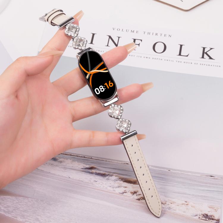 For Xiaomi Smart Band 9 / 8 Metal Diamond Leather Bracelet Watch Band(Silver Creamy White) - Watch Bands by PMc TechLife | Online Shopping South Africa | PMc TechLife | Buy Now Pay Later Mobicred