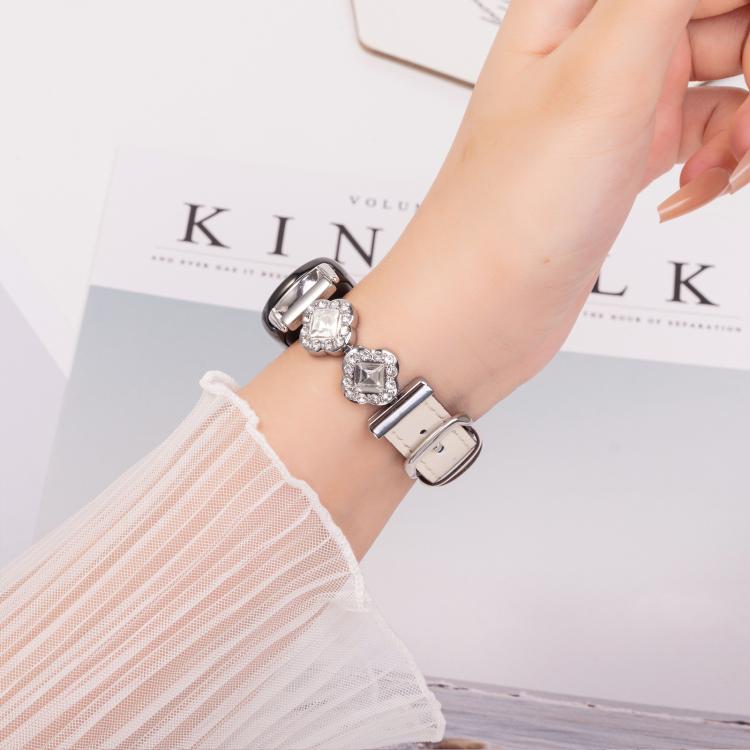 For Xiaomi Smart Band 9 / 8 Metal Diamond Leather Bracelet Watch Band(Silver Creamy White) - Watch Bands by PMc TechLife | Online Shopping South Africa | PMc TechLife | Buy Now Pay Later Mobicred