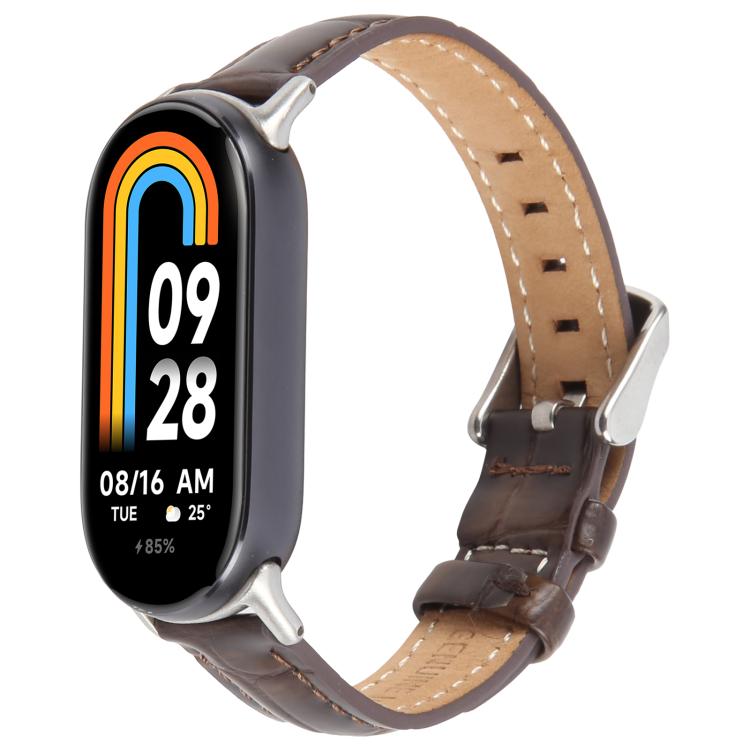 For Xiaomi Smart Band 9 / 8 Silver Metal Connector Genuine Leather Watch Band(Bamboo Joint Coffee) - Watch Bands by PMc TechLife | Online Shopping South Africa | PMc TechLife | Buy Now Pay Later Mobicred