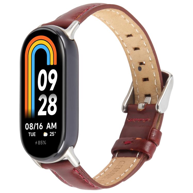 For Xiaomi Smart Band 9 / 8 Silver Metal Connector Genuine Leather Watch Band(Wine Red) - Watch Bands by PMc TechLife | Online Shopping South Africa | PMc TechLife | Buy Now Pay Later Mobicred