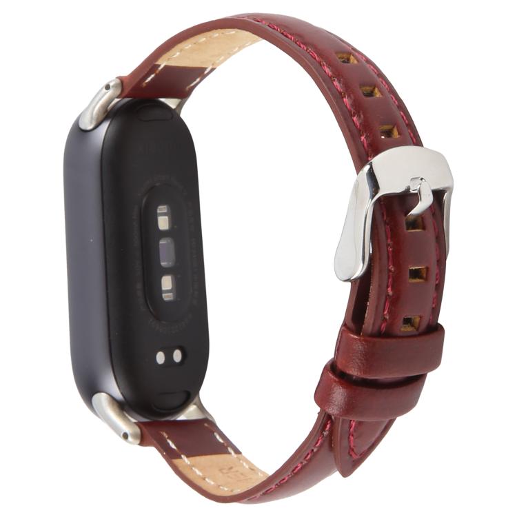 For Xiaomi Smart Band 9 / 8 Silver Metal Connector Genuine Leather Watch Band(Wine Red) - Watch Bands by PMc TechLife | Online Shopping South Africa | PMc TechLife | Buy Now Pay Later Mobicred