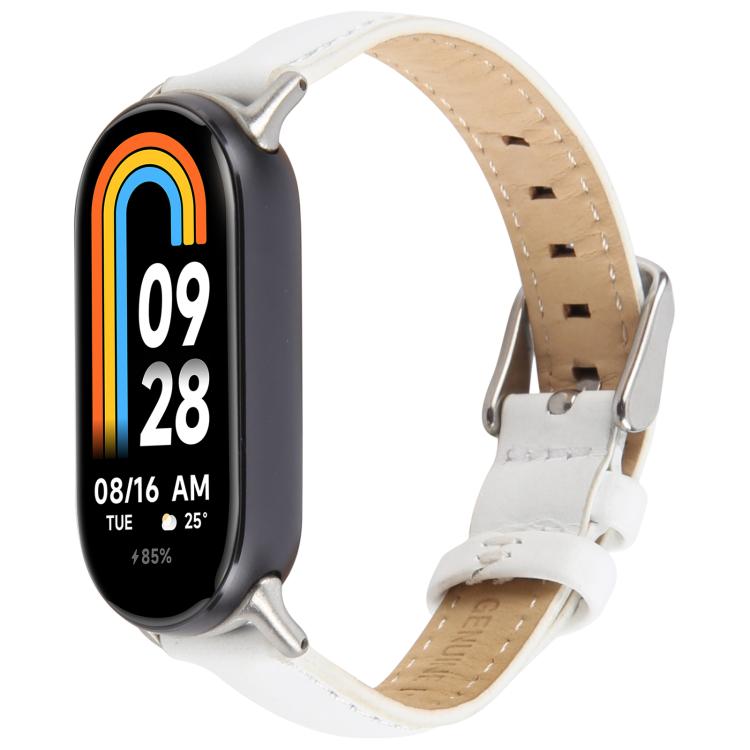 For Xiaomi Smart Band 9 / 8 Silver Metal Connector Genuine Leather Watch Band(White) - Watch Bands by PMc TechLife | Online Shopping South Africa | PMc TechLife | Buy Now Pay Later Mobicred
