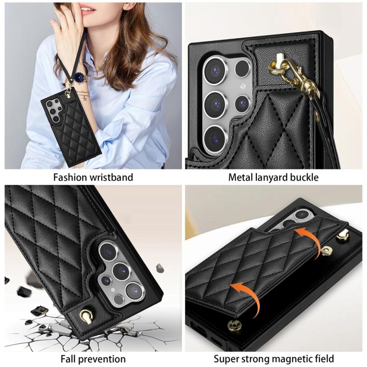 For Samsung Galaxy S25 Ultra 5G Rhombic Dual Buckle Card Slots Phone Case with Lanyard(Black) - Galaxy S25 Ultra 5G Cases by PMC Jewellery | Online Shopping South Africa | PMC Jewellery | Buy Now Pay Later Mobicred