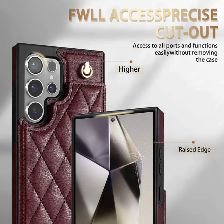 For Samsung Galaxy S25 Ultra 5G Rhombic Dual Buckle Card Slots Phone Case with Lanyard(Wine Red) - Galaxy S25 Ultra 5G Cases by PMC Jewellery | Online Shopping South Africa | PMC Jewellery | Buy Now Pay Later Mobicred