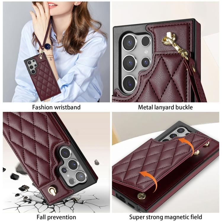 For Samsung Galaxy S25 Ultra 5G Rhombic Dual Buckle Card Slots Phone Case with Lanyard(Wine Red) - Galaxy S25 Ultra 5G Cases by PMC Jewellery | Online Shopping South Africa | PMC Jewellery | Buy Now Pay Later Mobicred